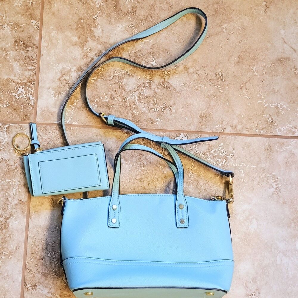 Merona Blue Faux Leather Purse and Keychain Wallet Card Holder Gold Accents
